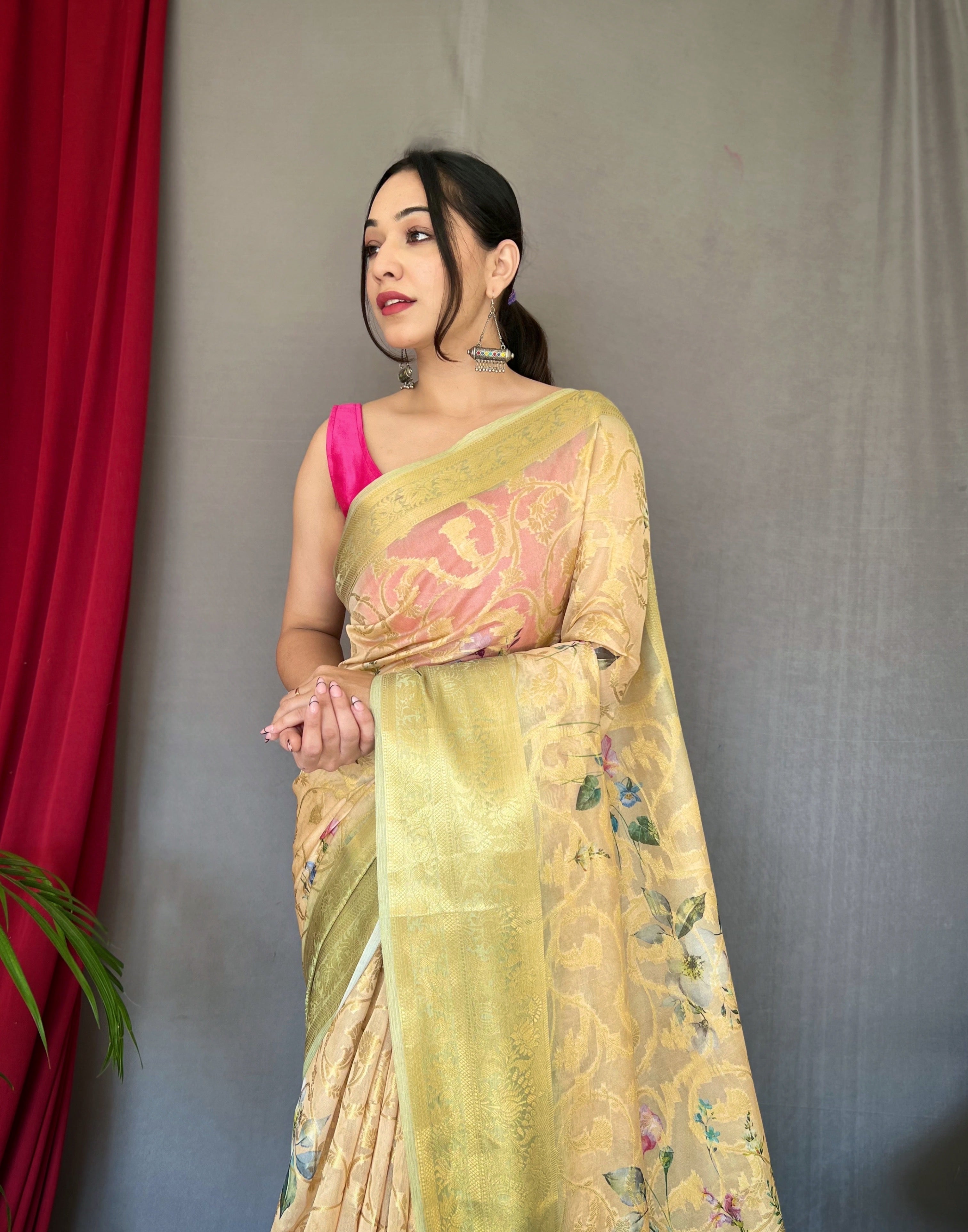Women's Multicolor Kora Muslin Silk Floral Printed Jaal Woven Saree - Tasarika