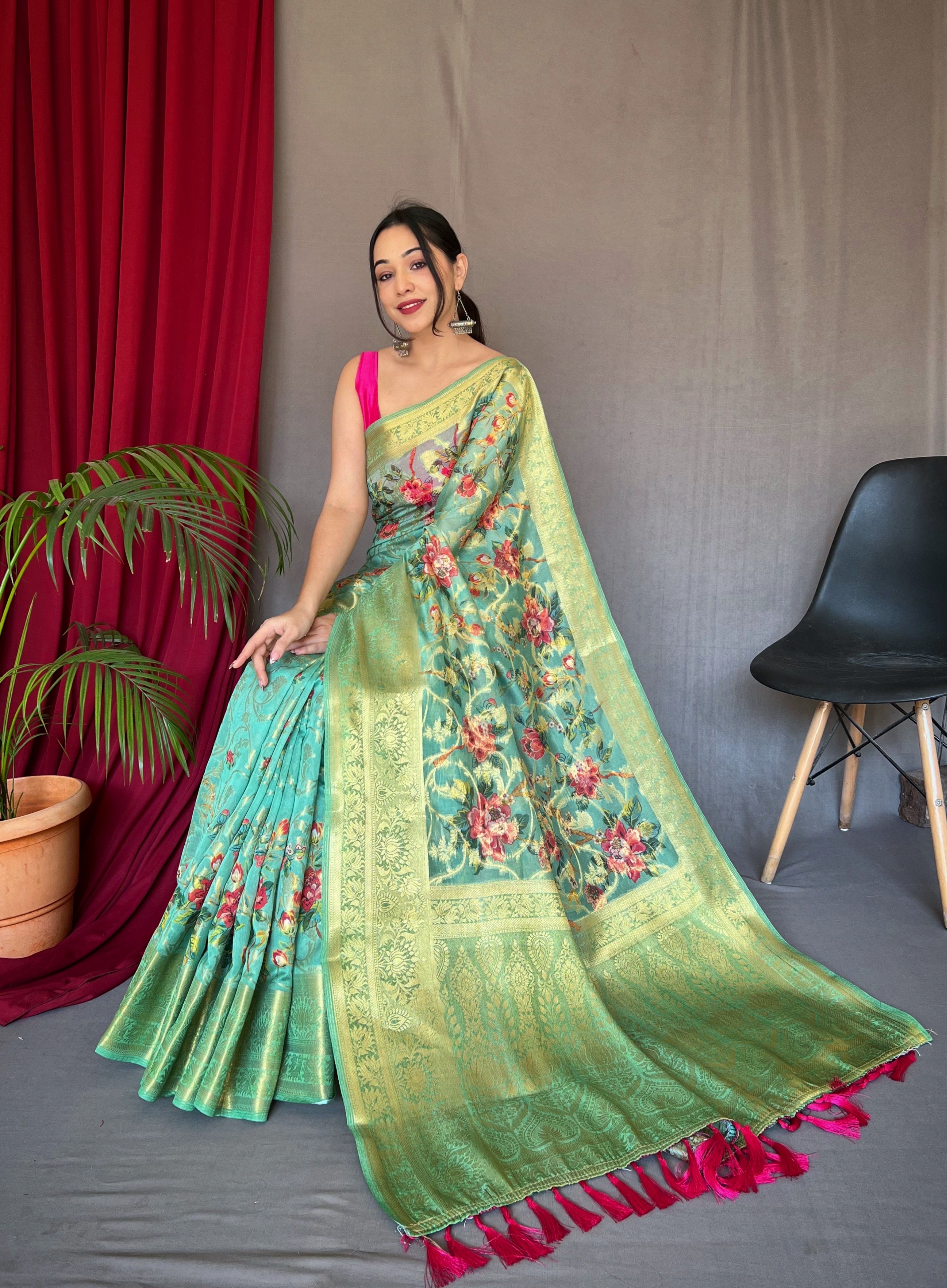Women's Multicolor Kora Muslin Silk Floral Printed Jaal Woven Saree - Tasarika