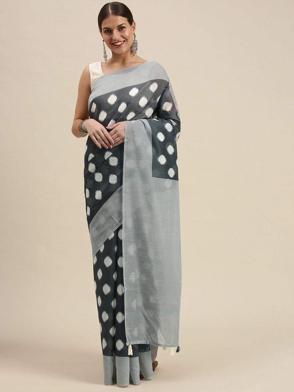 Women's Grey Cotton Blend Printed Traditional Tassle Saree - Sangam Prints