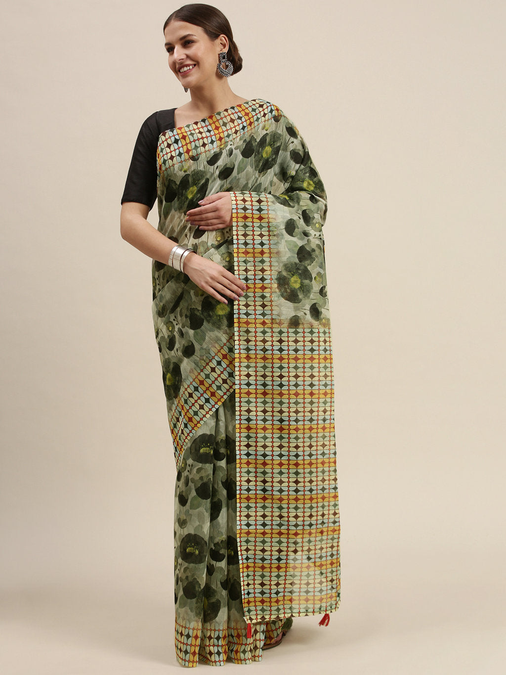Women's Oilve Green Cotton Blend Printed Traditional Tassle Saree - Sangam Prints