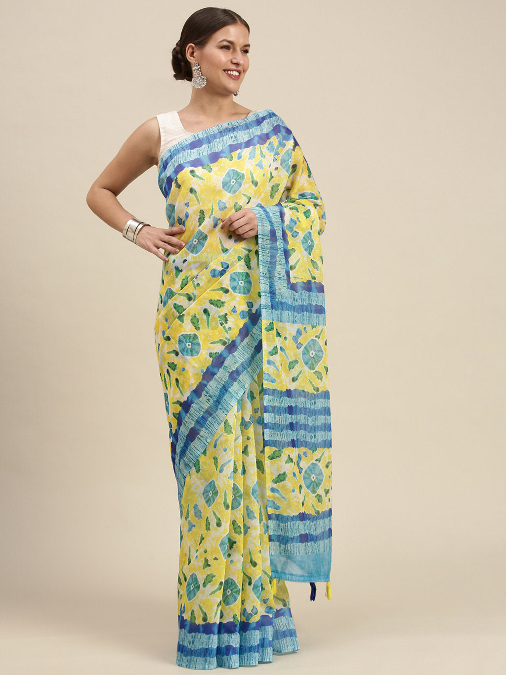 Women's Yellow Cotton Blend Printed Traditional Tassle Saree - Sangam Prints