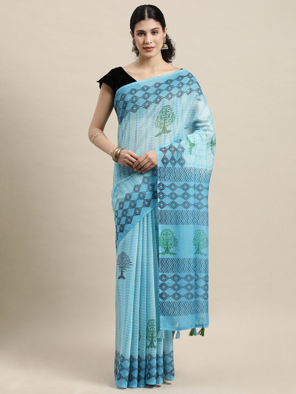 Women's Sky Blue Cotton Blend Printed Traditional Tassle Saree - Sangam Prints