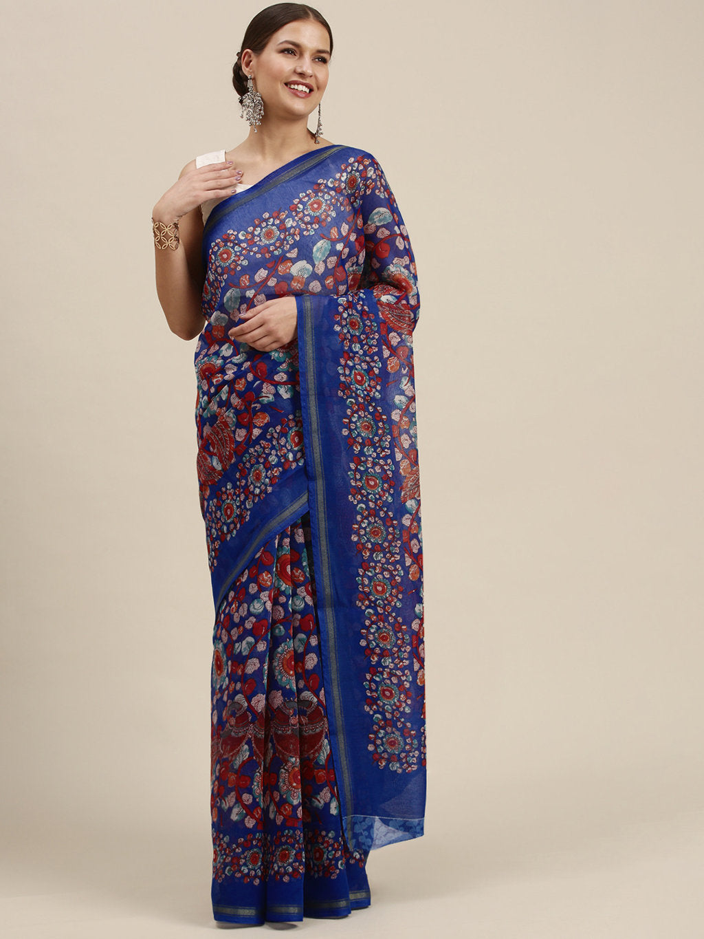 Women's Blue Cotton Blend Printed Traditional Saree - Sangam Prints