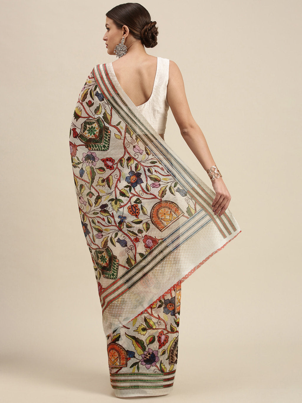 Women's White Cotton Blend Printed Traditional Saree - Sangam Prints
