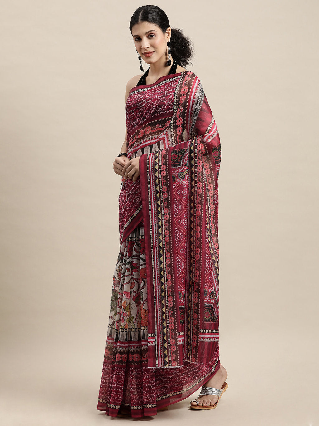 Women's Red Cotton Blend Printed Traditional Saree - Sangam Prints