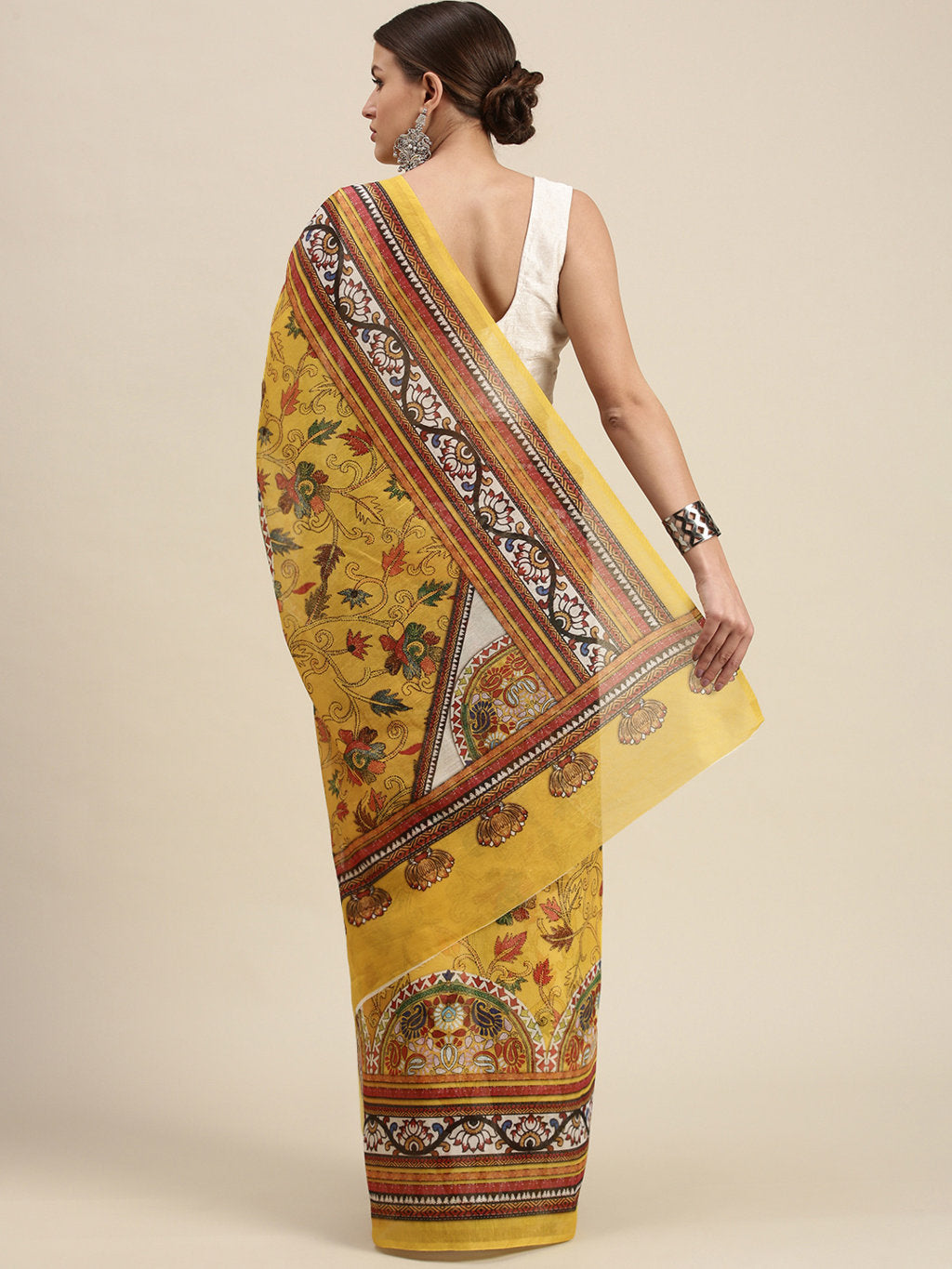Women's Yellow Cotton Blend Printed Traditional Saree - Sangam Prints
