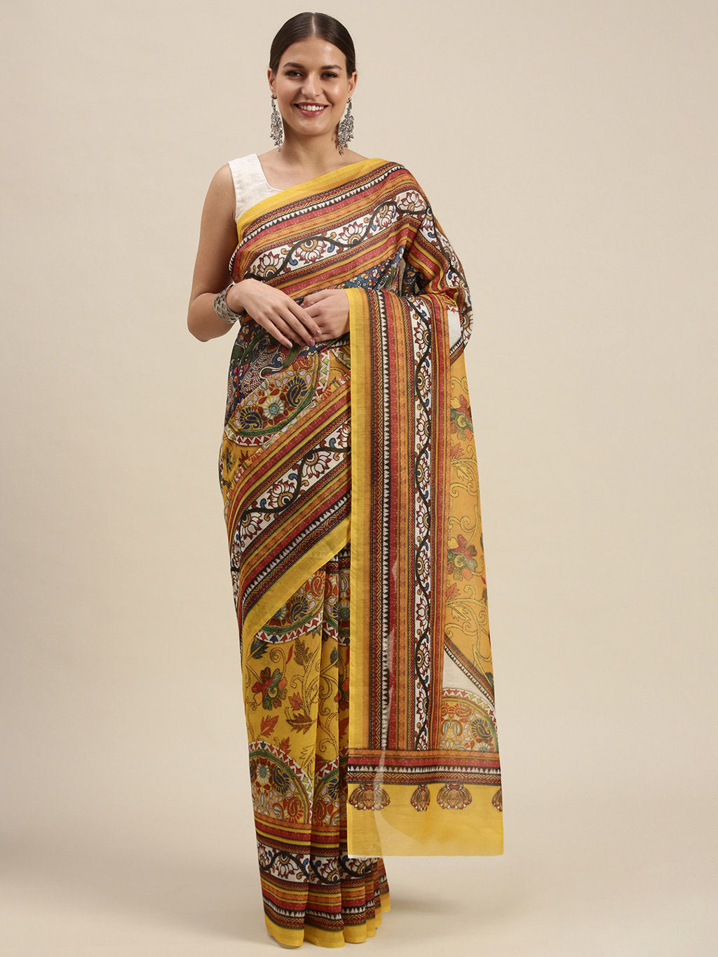 Women's Yellow Cotton Blend Printed Traditional Saree - Sangam Prints