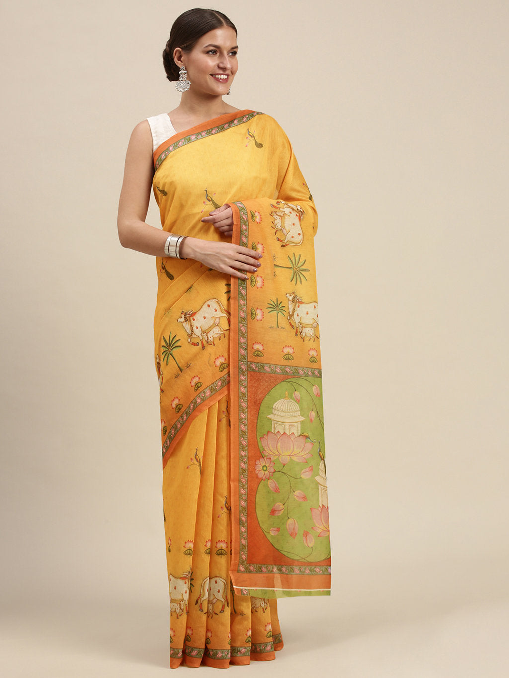 Women's Mustard Cotton Blend Printed Traditional Saree - Sangam Prints
