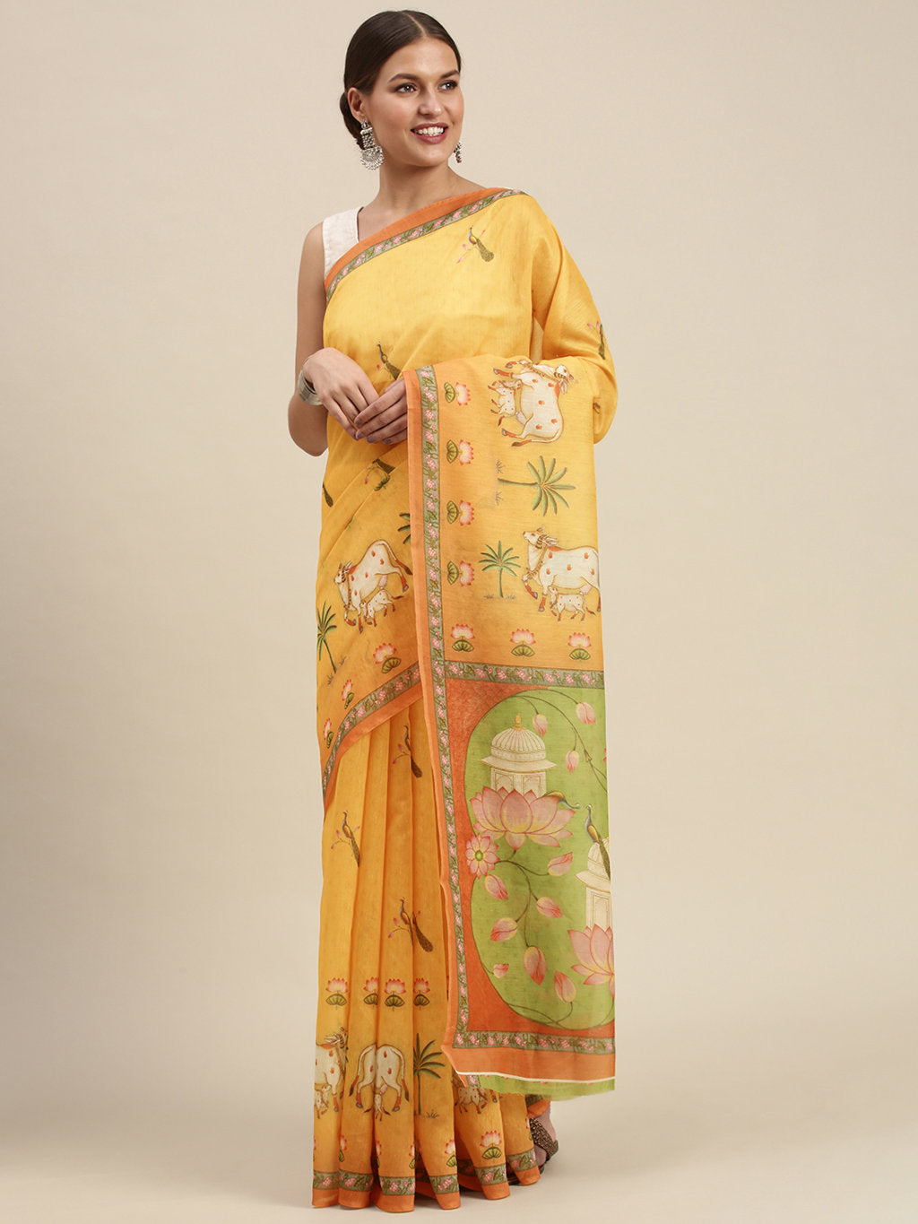Women's Mustard Cotton Blend Printed Traditional Saree - Sangam Prints