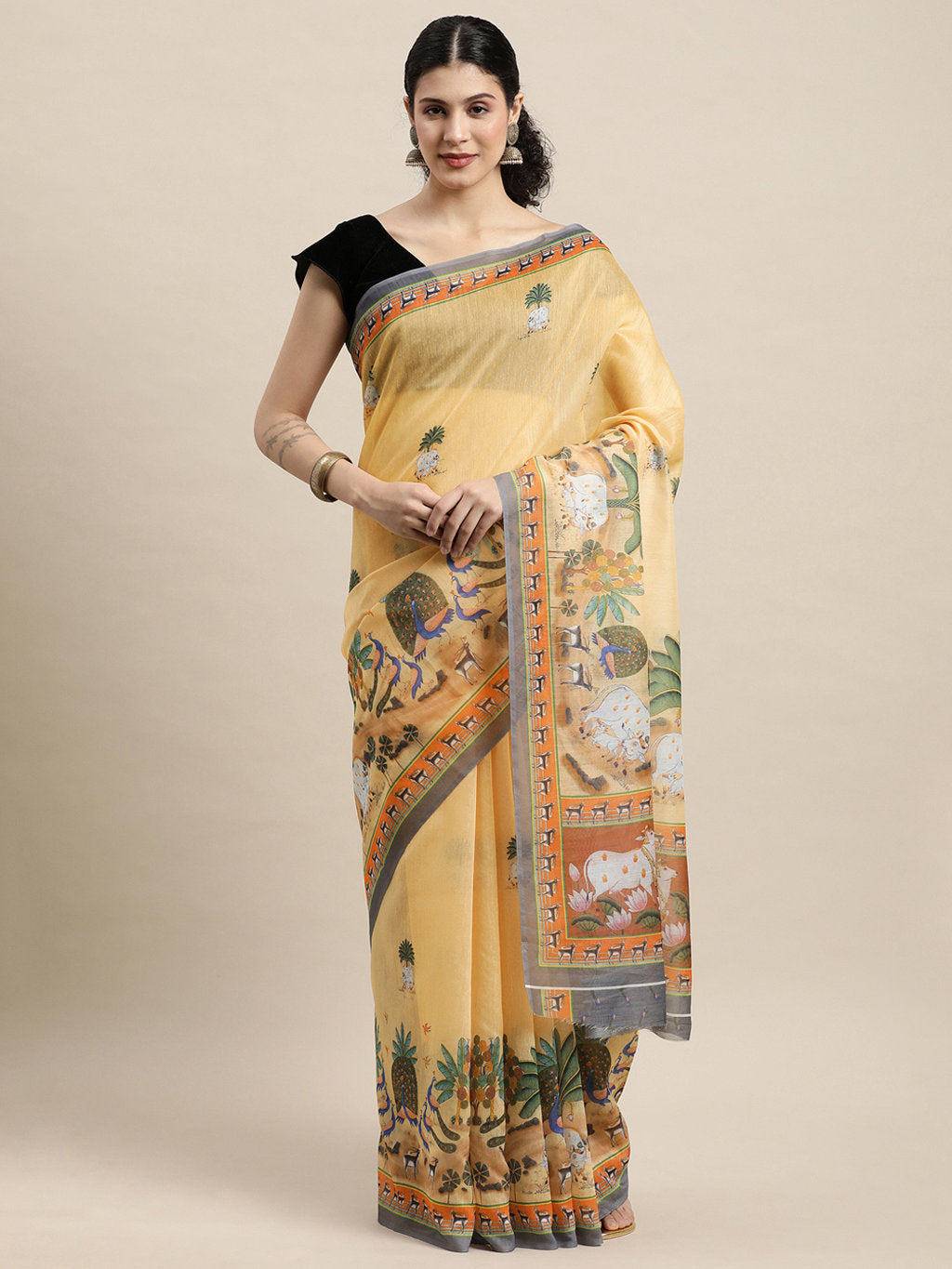 Women's Peach Cotton Blend Printed Traditional Saree - Sangam Prints