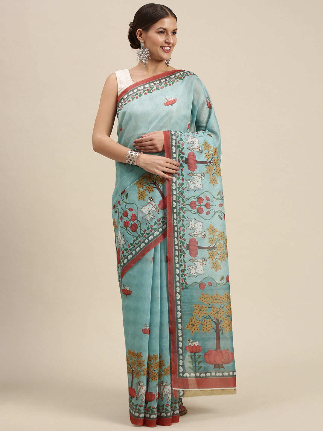 Women's Sky Blue Cotton Blend Printed Traditional Saree - Sangam Prints