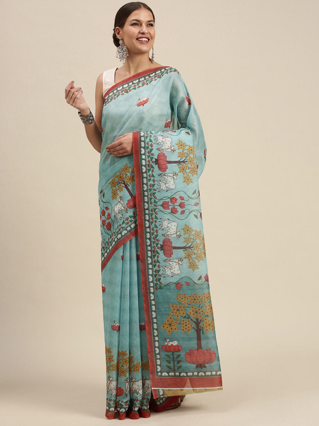 Women's Sky Blue Cotton Blend Printed Traditional Saree - Sangam Prints