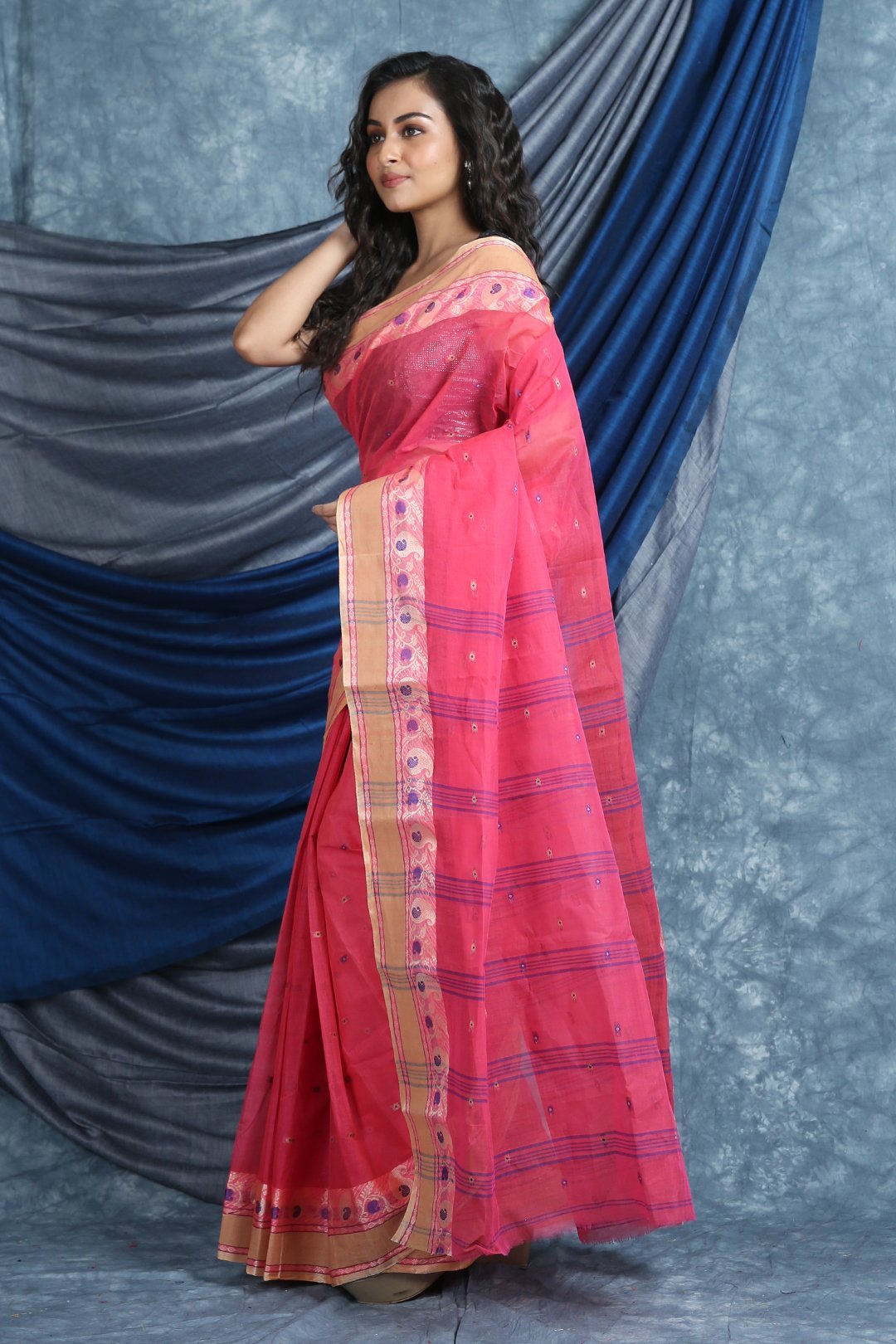Women's Rose Pink Handwoven Cotton Tant Saree - Arhi