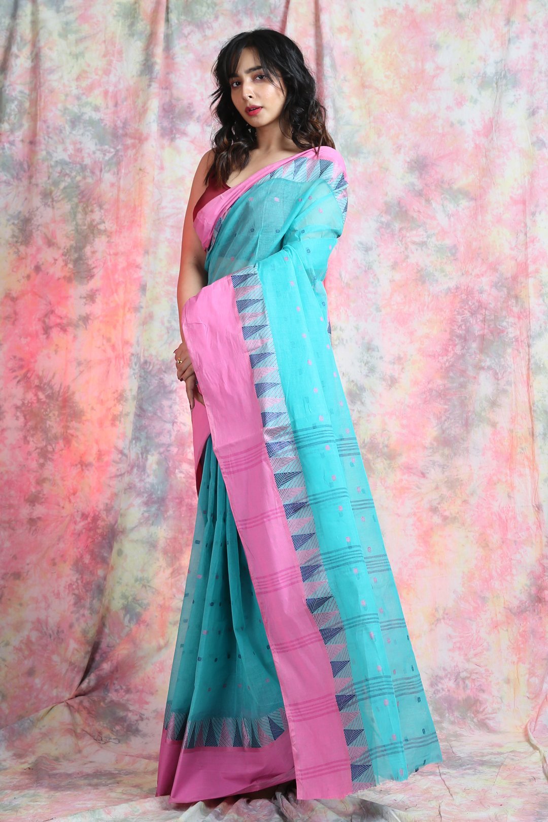 Women's Aqua Blue Handwoven Cotton Tant Saree - Arhi