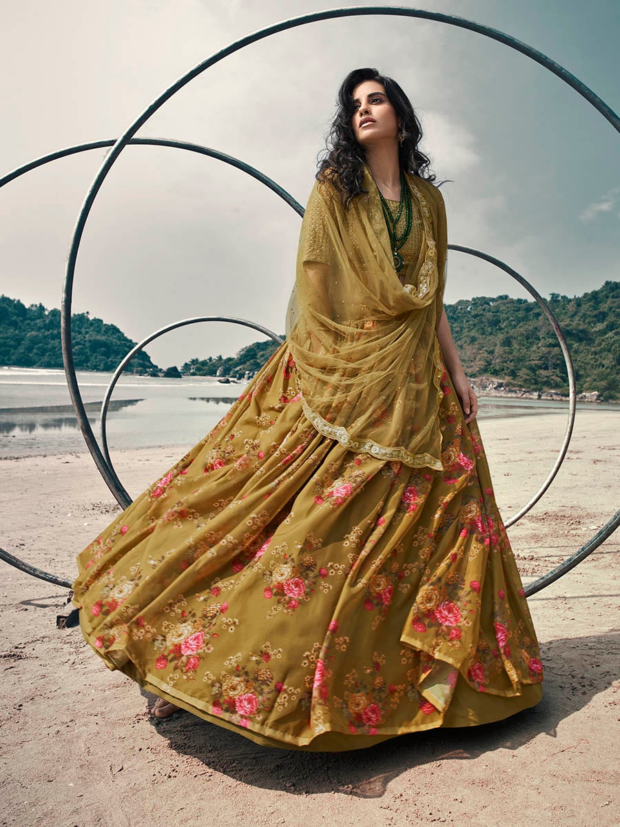 Women's Olive Green Organza Printed & Embroidered Lehenga-Myracouture