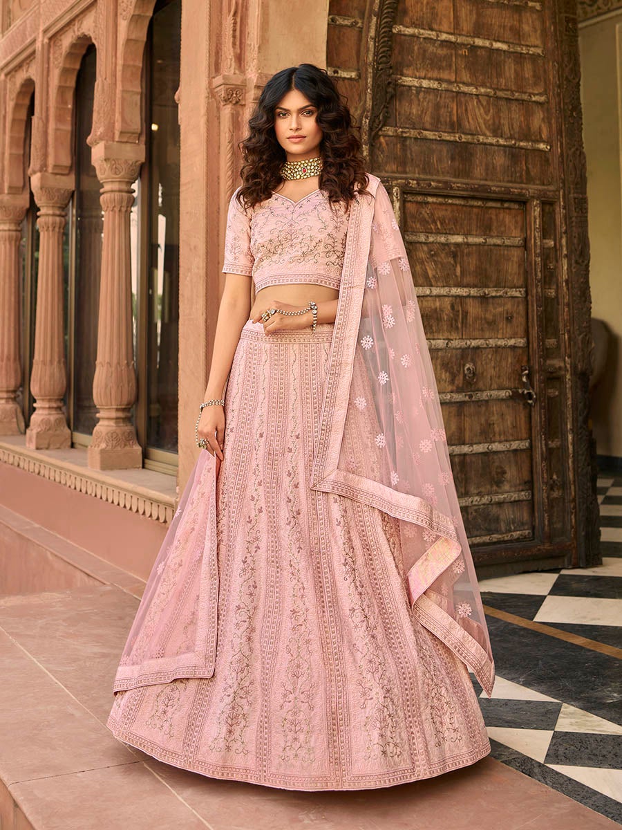 Women's Baby Pink Organza Embroidered Lehenga-Myracouture