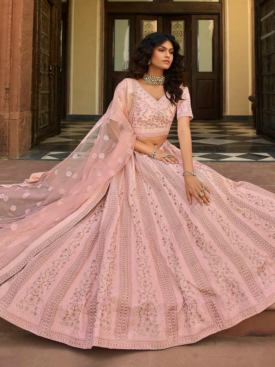 Women's Baby Pink Organza Embroidered Lehenga-Myracouture