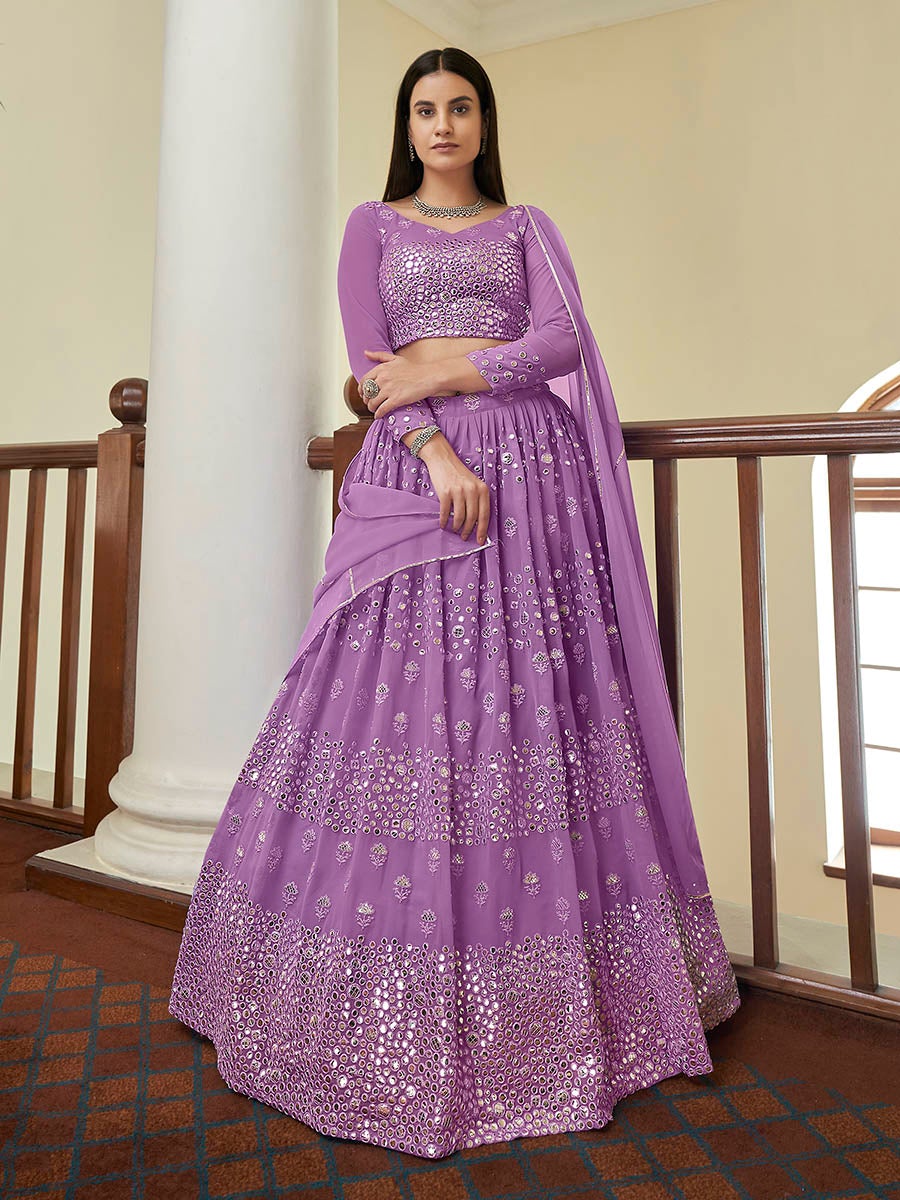 Women's Lilac Georgette Embroidered Lehenga-Myracouture