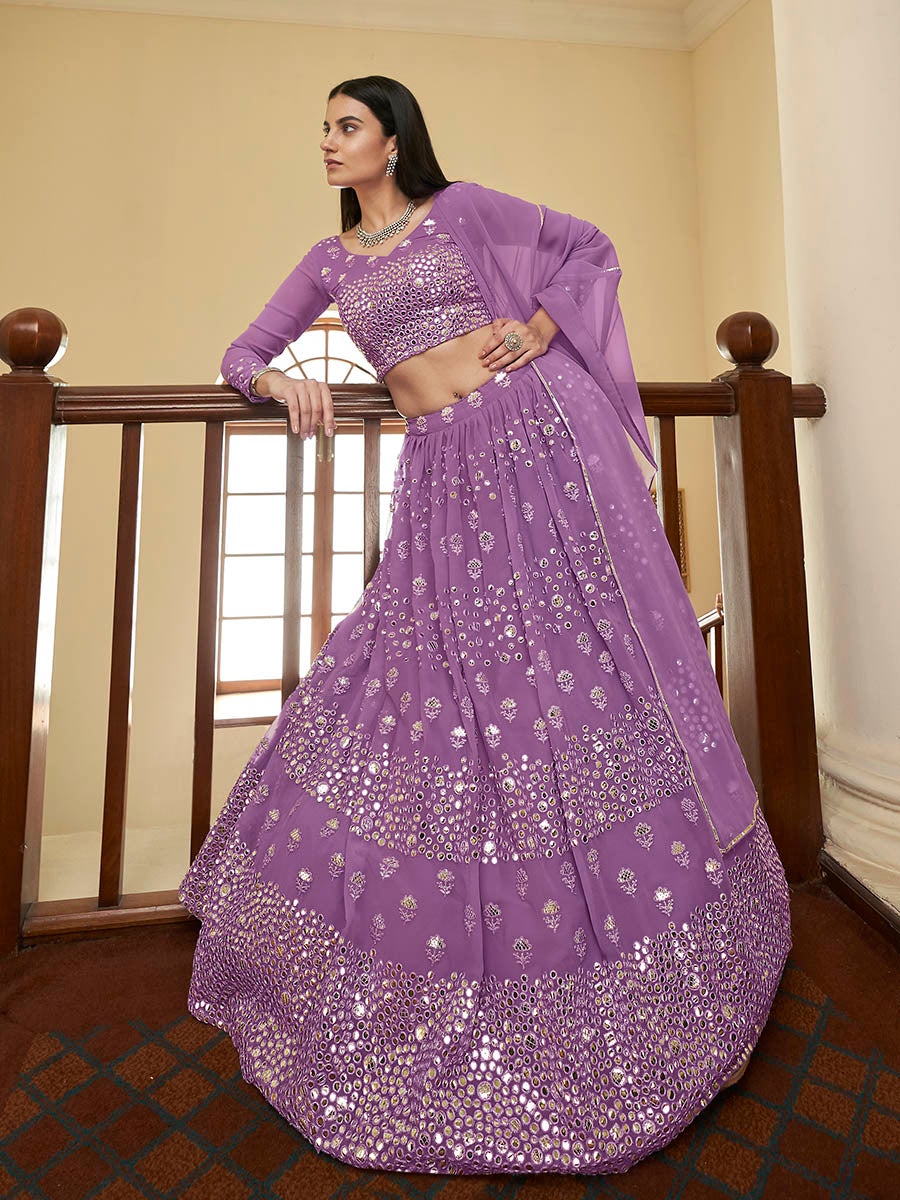 Women's Lilac Georgette Embroidered Lehenga-Myracouture