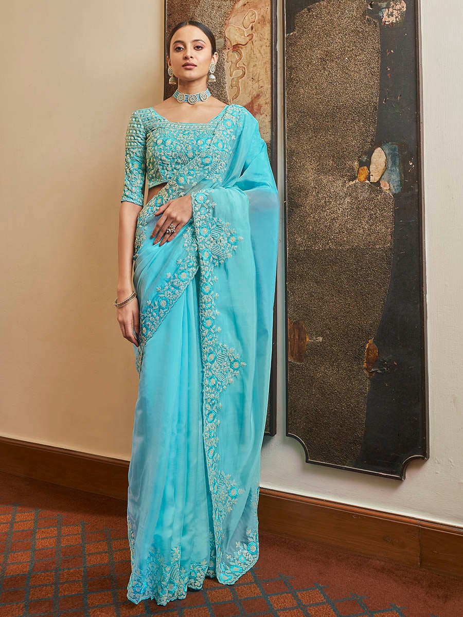 Women's Blue Embroidered Organza Fancy Saree-Myracouture