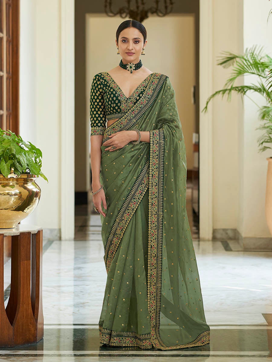 Women's Olive Green Embroidered Organza Fancy Saree-Myracouture