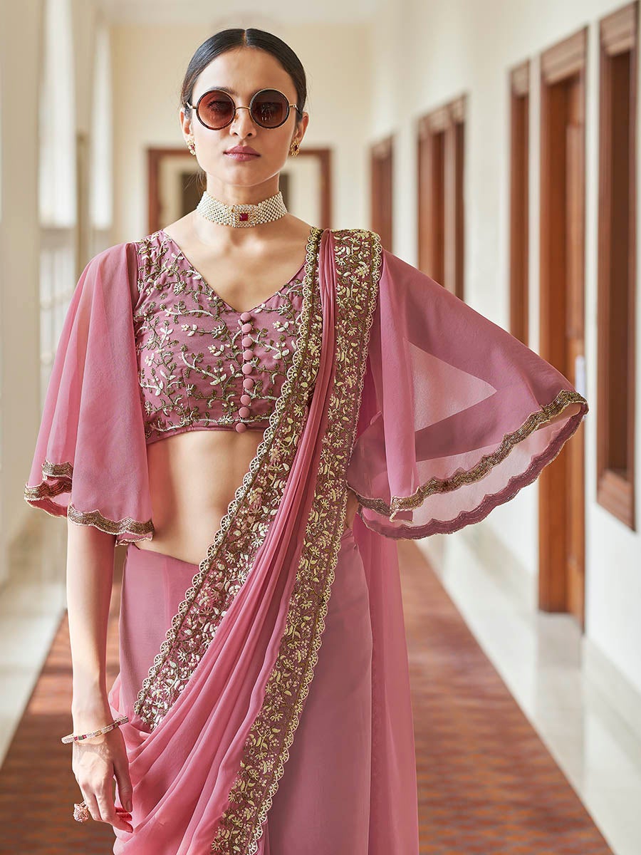 Women's Pink Embroidered Georgette Fancy Saree-Myracouture
