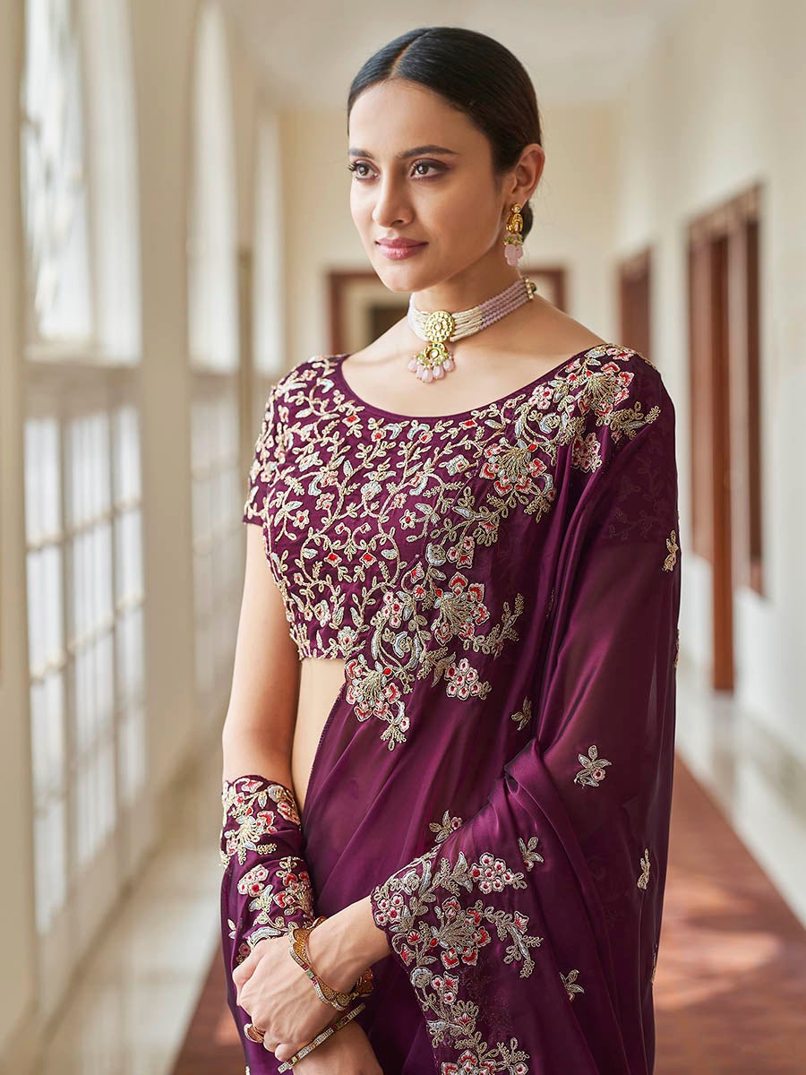 Women's Purple Embroidered Crepe Fancy Saree-Myracouture