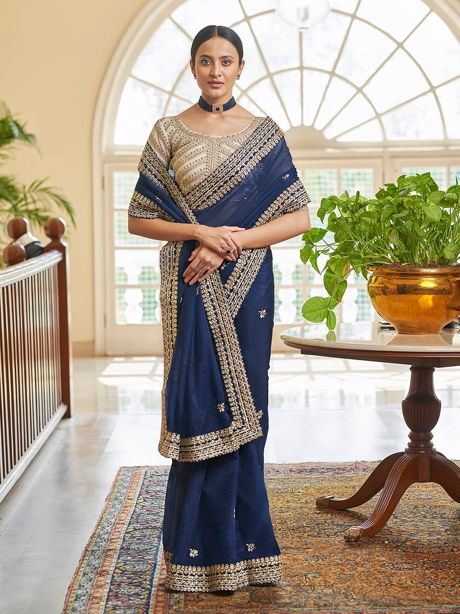 Women's Navy Blue Embroidered Organza Fancy Saree-Myracouture