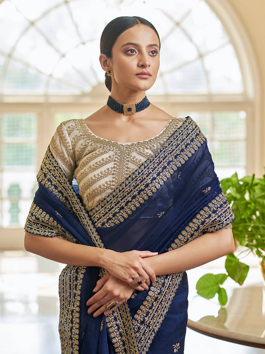 Women's Navy Blue Embroidered Organza Fancy Saree-Myracouture