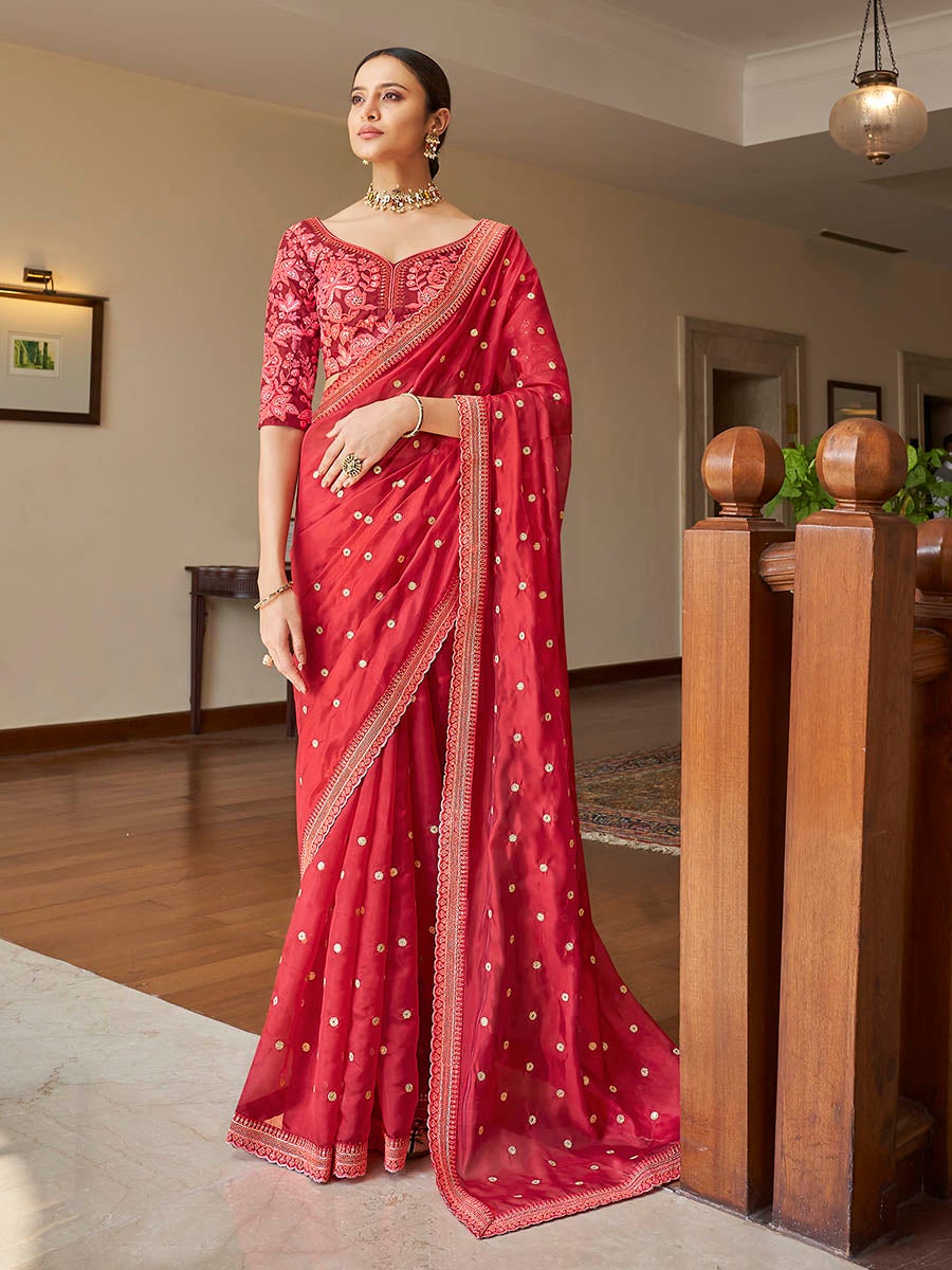 Women's Neon Pink Embroidered Organza Fancy Saree-Myracouture
