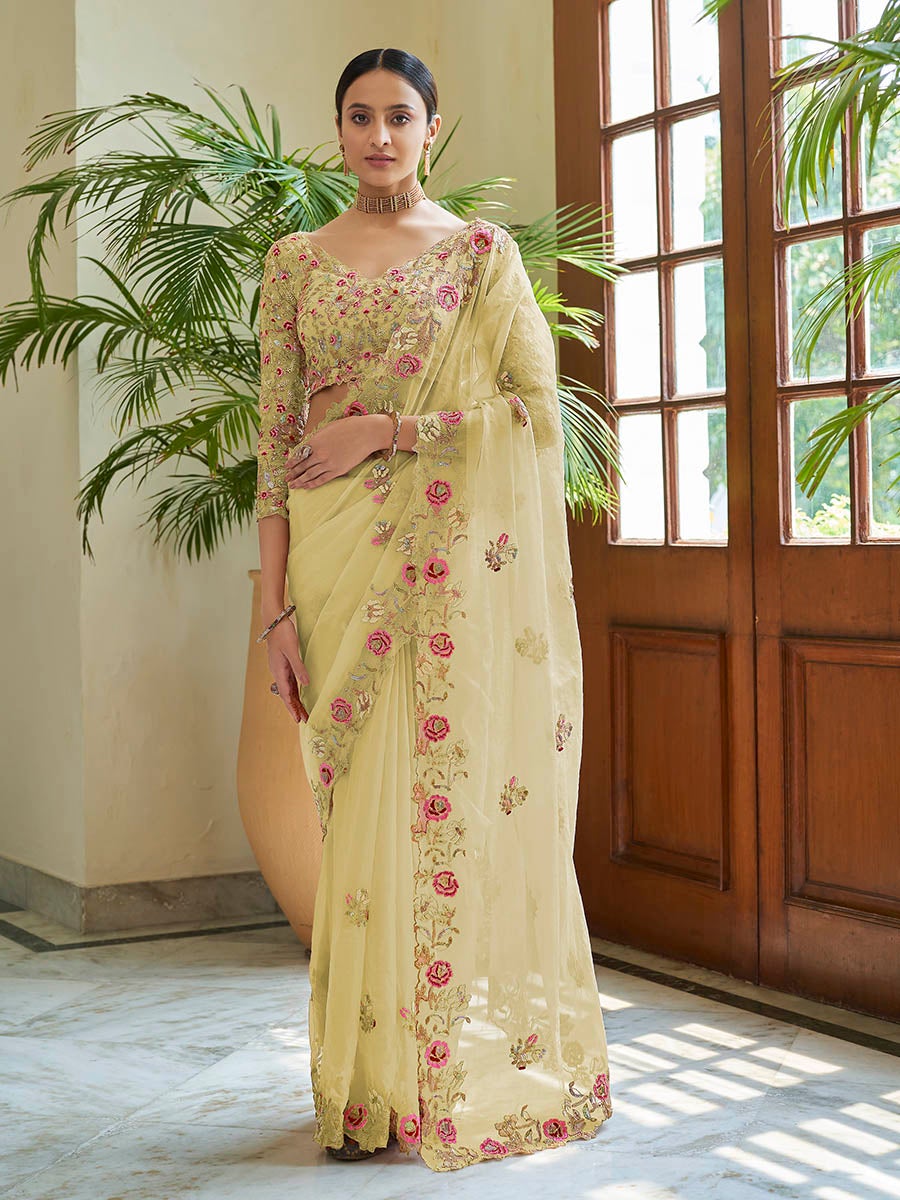 Women's Lime Yellow Embroidered Organza Fancy Saree-Myracouture
