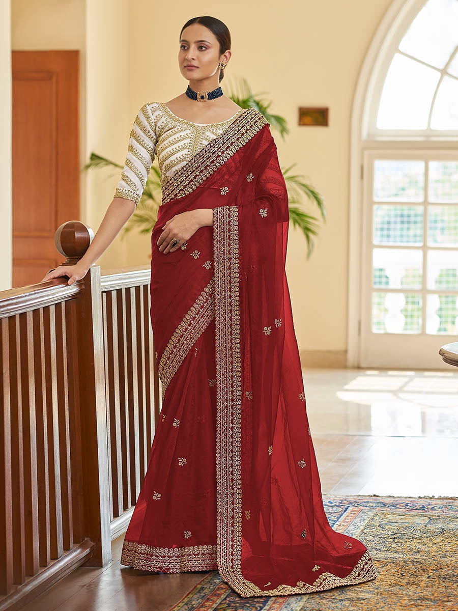 Women's Red Embroidered Organza Fancy Saree-Myracouture