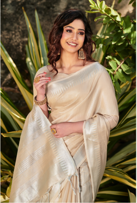 Women's Cream Tissue Linen Jacquard Weaving Saree With Blouse - Vishnu Weaves