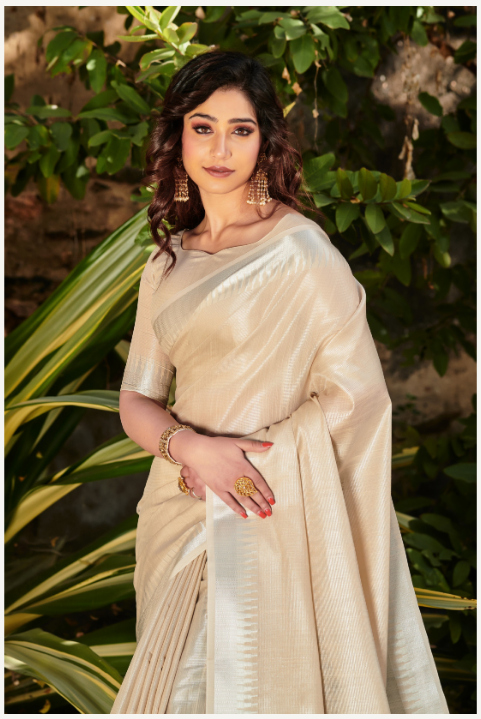 Women's Cream Tissue Linen Jacquard Weaving Saree With Blouse - Vishnu Weaves