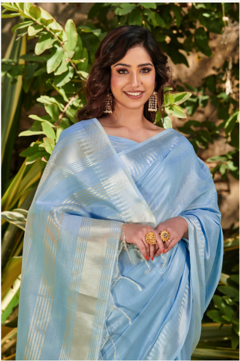 Women's Blue Linen Jacquard Weaving Saree With Blouse - Vishnu Weaves