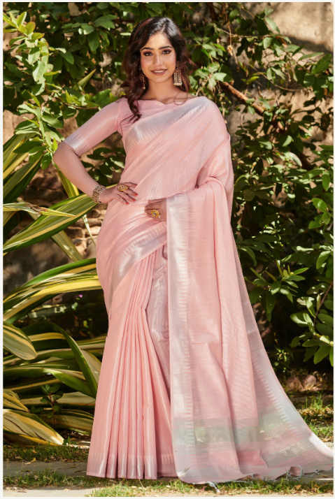 Women's Peach Tissue Linen Jacquard Weaving Saree With Blouse - Vishnu Weaves