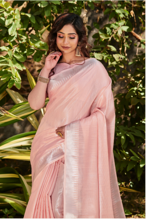 Women's Peach Tissue Linen Jacquard Weaving Saree With Blouse - Vishnu Weaves