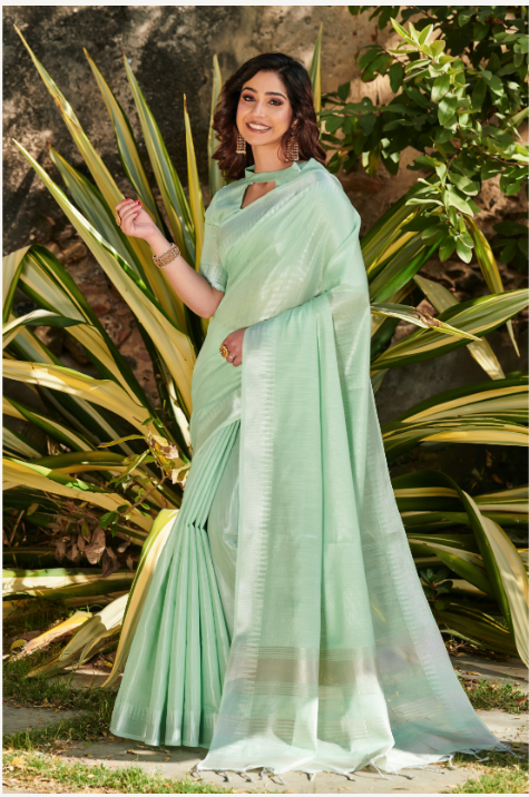 Women's Sea Green Tissue Linen Jacquard Weaving Saree With Blouse - Vishnu Weaves