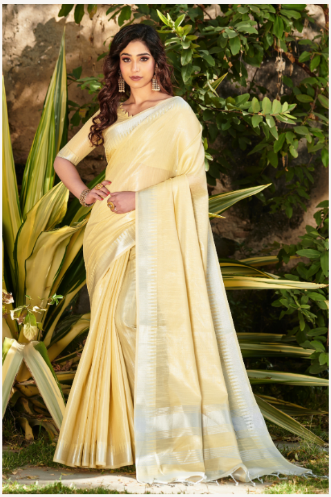 Women's Yellow Tissue Linen Jacquard Weaving Saree With Blouse - Vishnu Weaves