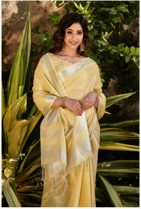 Women's Yellow Tissue Linen Jacquard Weaving Saree With Blouse - Vishnu Weaves