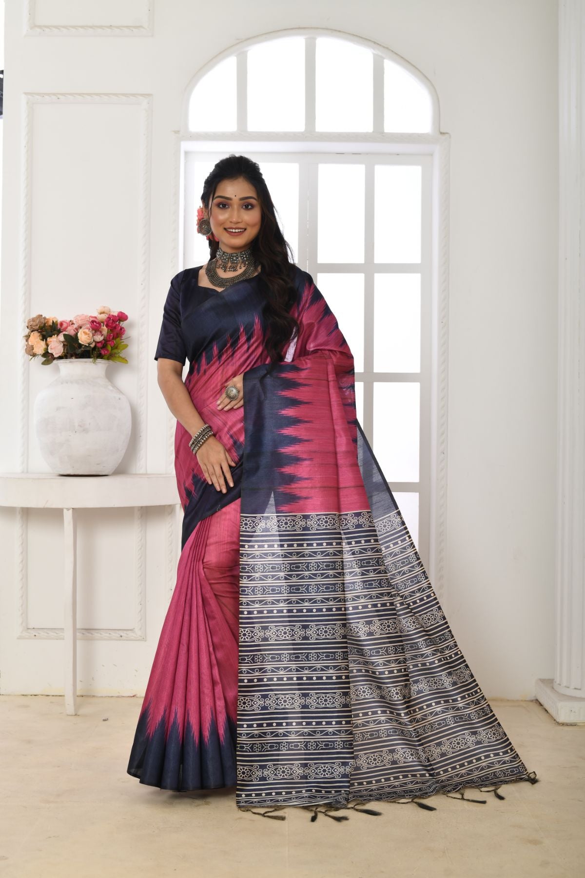 Women's Pink Printed Tussar Silk Saree with Tassels - Vishnu Weaves