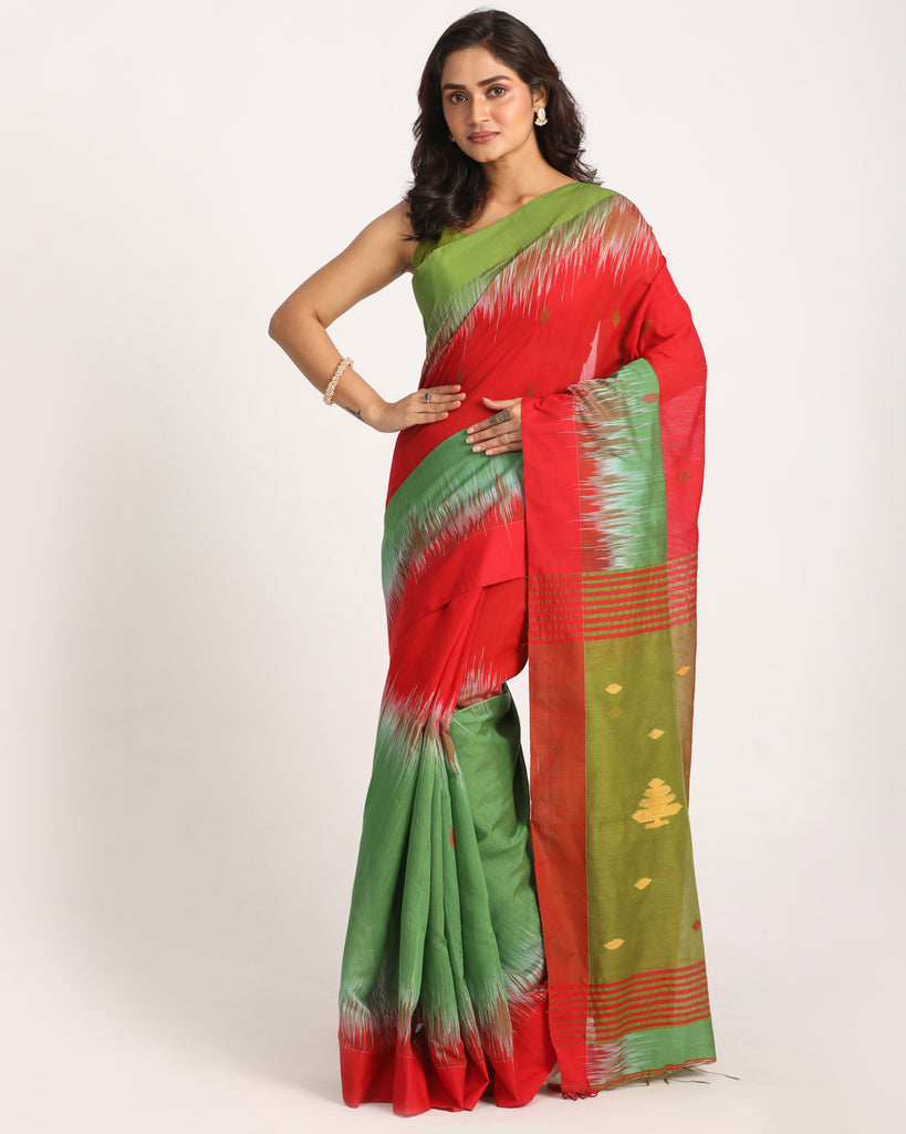 Women's Red Dark Green Cotton Blend Handloom Tie Dye Jamdani Saree