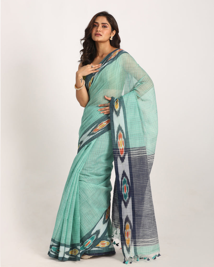 Women's Kotki Border Turquoise Cotton Blend Handloom Saree
