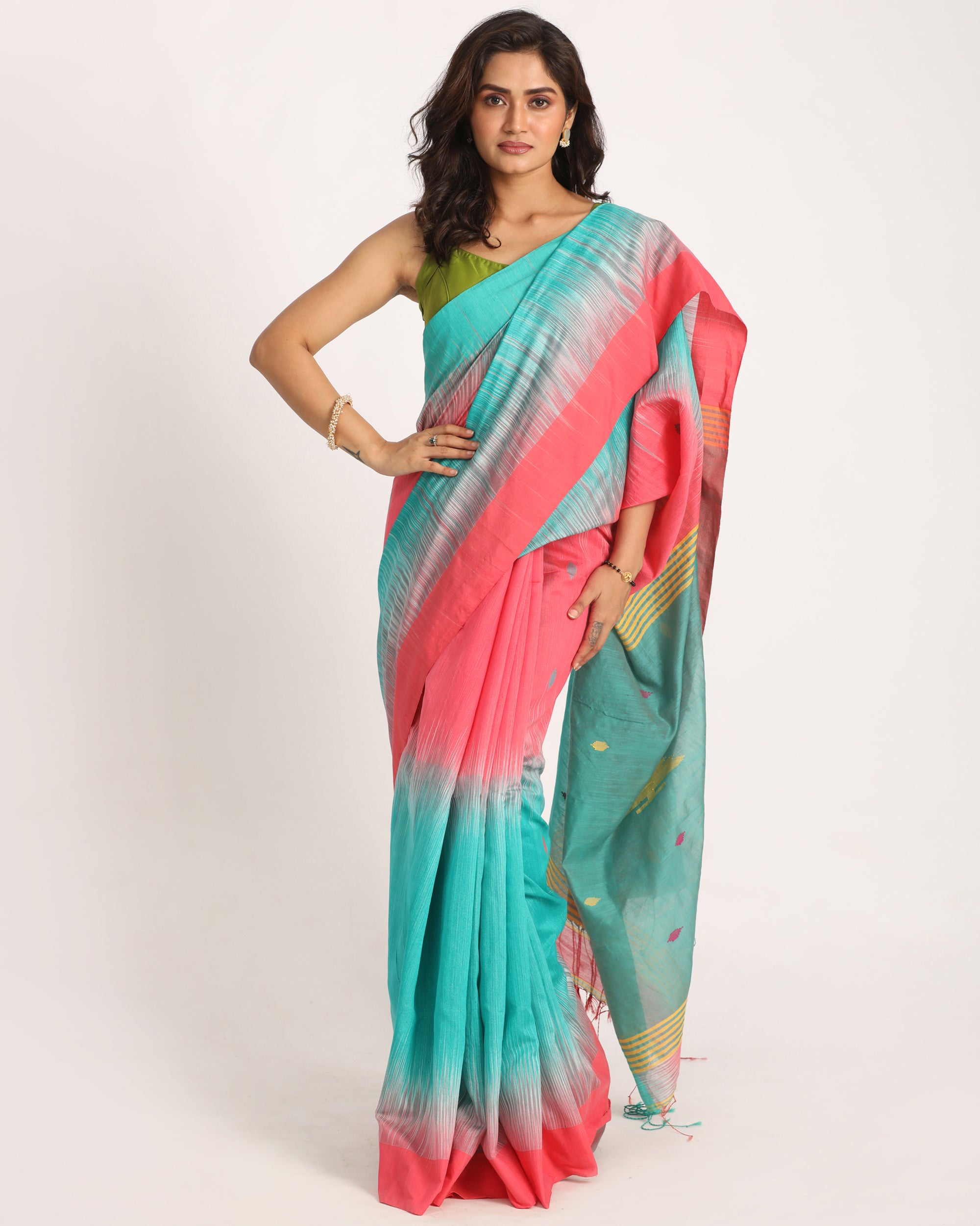 Women's Brink Pink Cotton Blend Handloom Tie Dye Jamdani Saree - Angoshobha