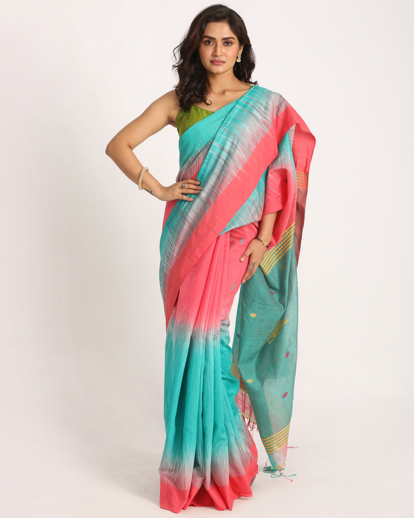 Women's Brink Pink Cotton Blend Handloom Tie Dye Jamdani Saree