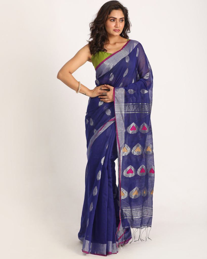 Women's Royal Blue Cotton Blend Handloom Jamdani Saree