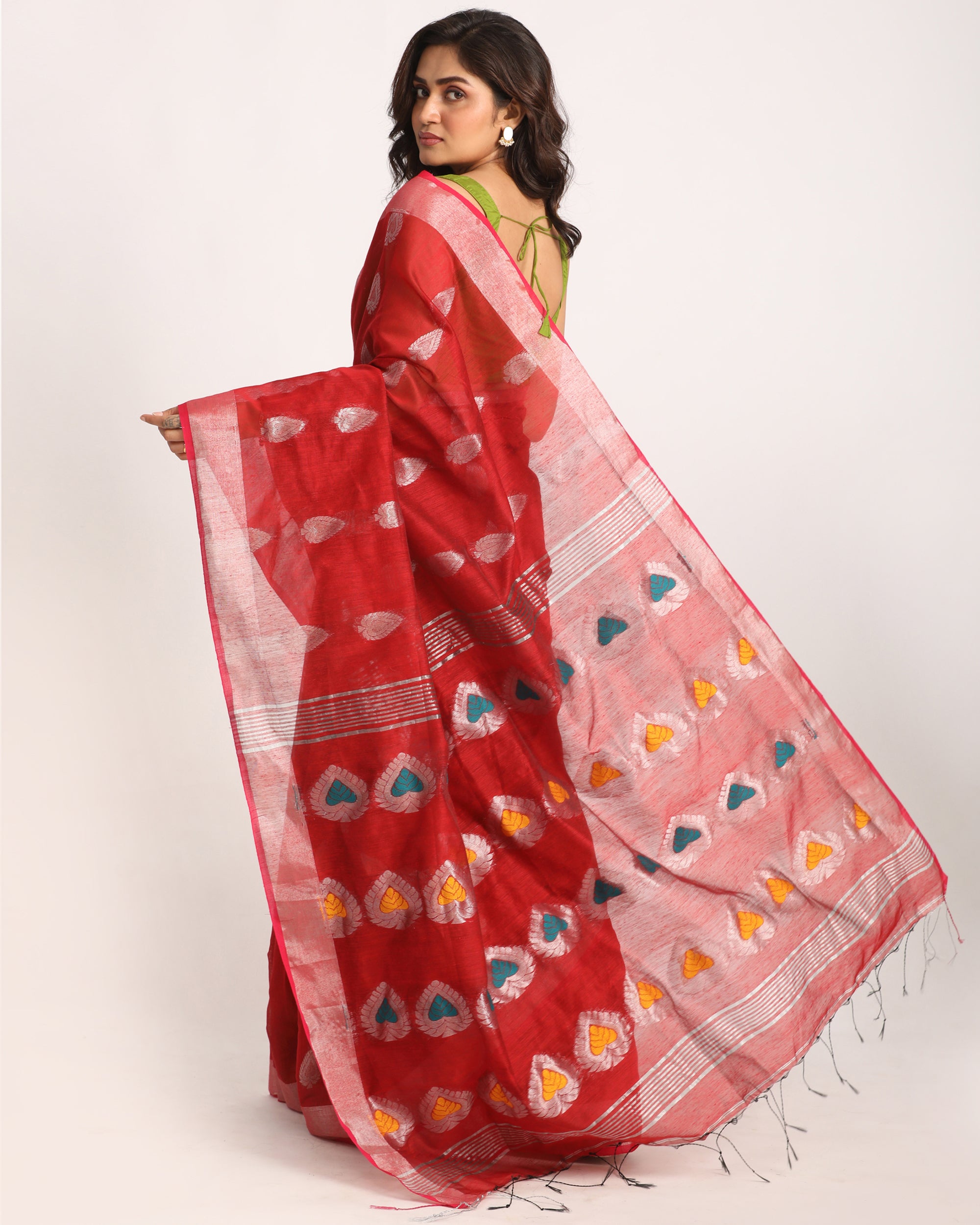 Women's Red Cotton Blend Handloom Jamdani Saree - Angoshobha