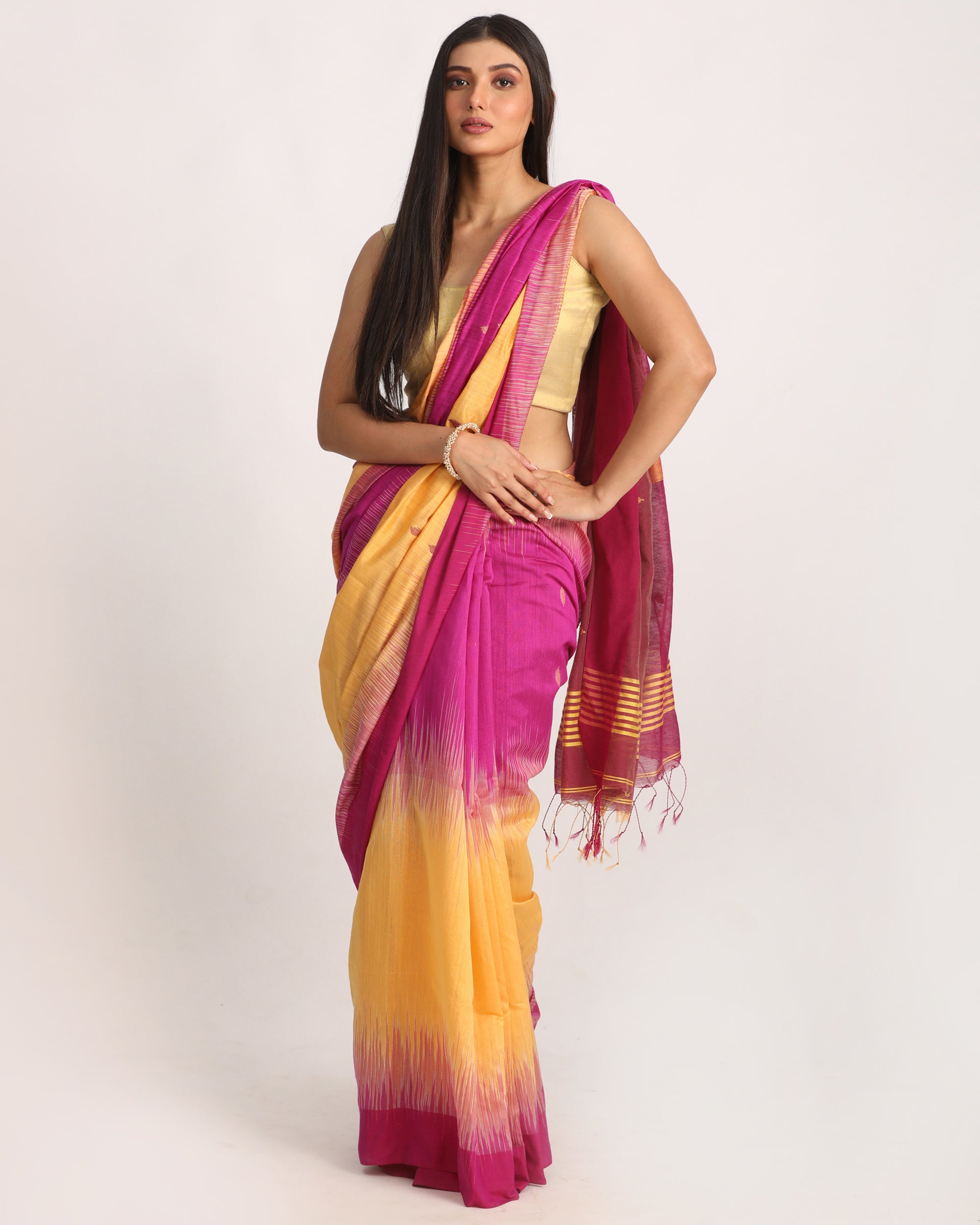 Women's Fuchsia Light Mustard Cotton Blend Handloom Tie Dye Jamdani Saree - Angoshobha