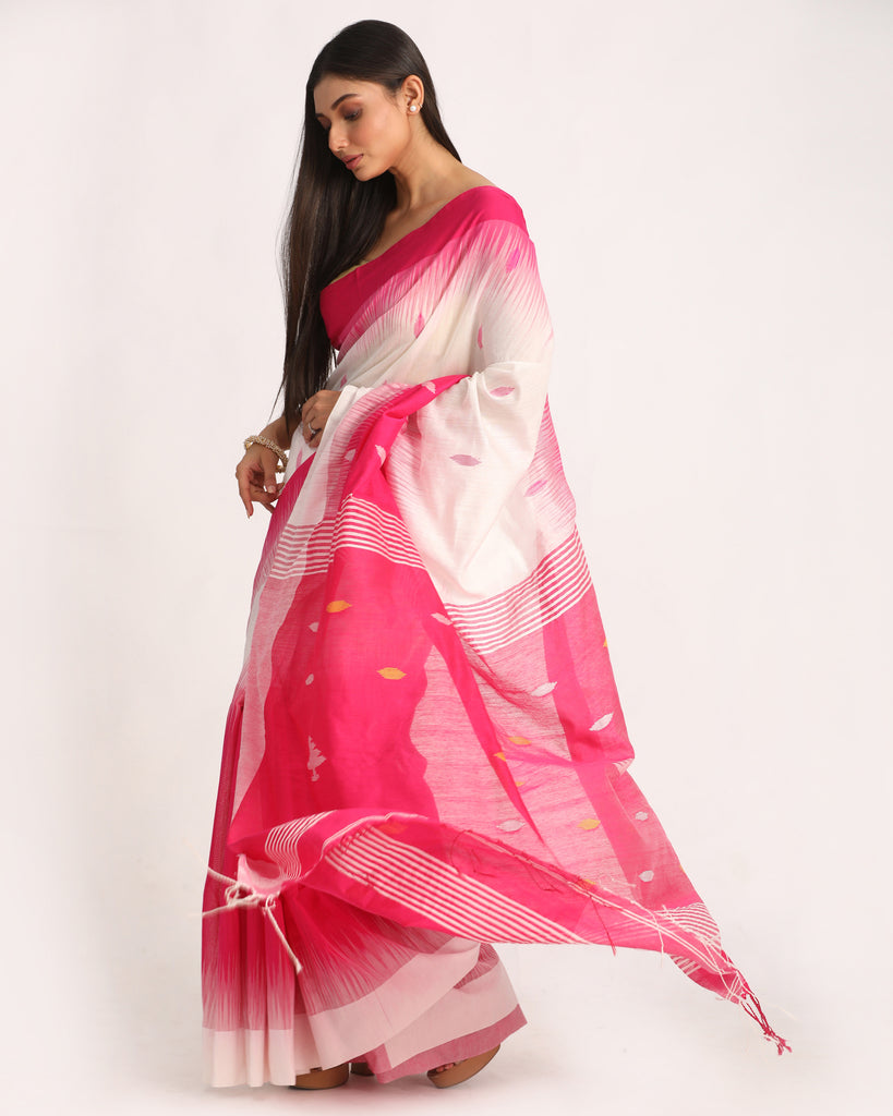 Women's Fuchsia White Cotton Blend Handloom Tie Dye Jamdani Saree