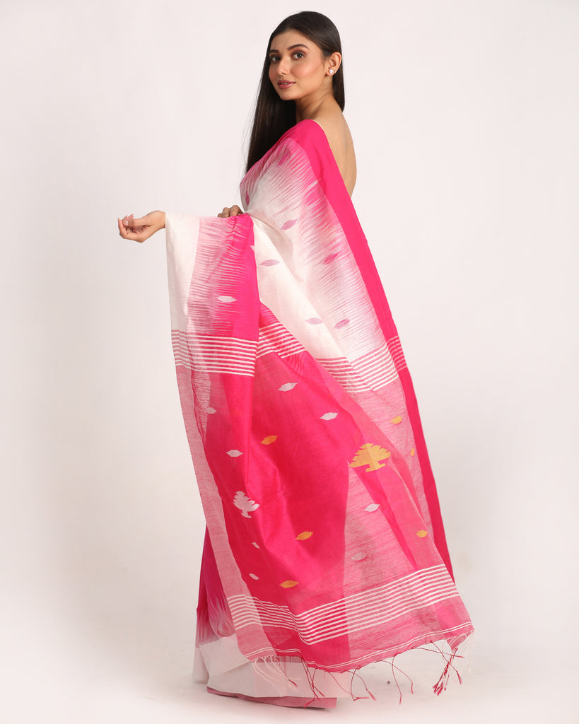Women's Fuchsia White Cotton Blend Handloom Tie Dye Jamdani Saree